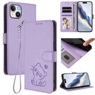 For iPhone 13 mini Embossed Heart Cat Leather Phone Case with Strap(Light Purple)
