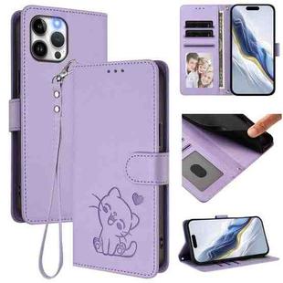 For iPhone 12 Pro Max Embossed Heart Cat Leather Phone Case with Hand Strap(Light Purple)