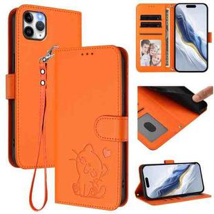 For iPhone 11 Pro Max Embossed Heart Cat Leather Phone Case with Hand Strap(Orange)