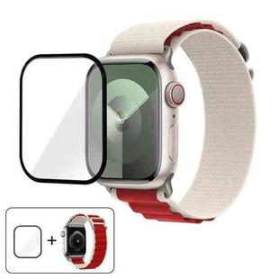 For Apple Watch Series 10 46mm Buckle Loop Nylon Watch Band with 3D Curved Film(White Red)
