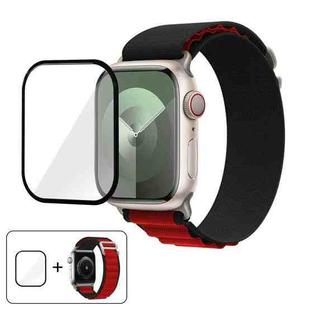 For Apple Watch Series 10 42mm Buckle Loop Nylon Watch Band with 3D Curved Film(Black Red)