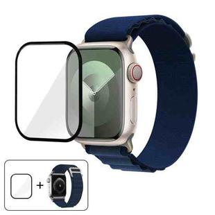 For Apple Watch Series 10 42mm Buckle Loop Nylon Watch Band with 3D Curved Film(Dark Blue)