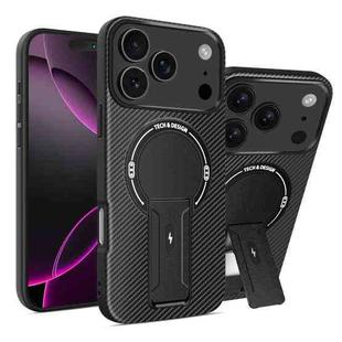 For iPhone 17 Pro Max Carbon Fiber Texture MagSafe Phone Case with Holder(Black)