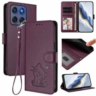 For Motorola Edge 60 Fusion Embossed Heart Cat Leather Phone Case with Strap(Dark Purple)