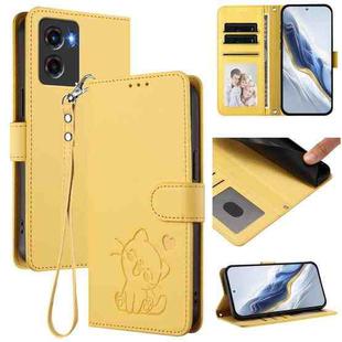 For Motorola Moto G05 / E15 Embossed Heart Cat Leather Phone Case with Strap(Yellow)