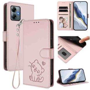 For Motorola Moto G Play 2025 Embossed Heart Cat Leather Phone Case with Strap(Pink)