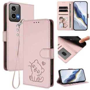 For Motorola Moto G34 5G / G45 5G Embossed Heart Cat Leather Phone Case with Strap(Pink)