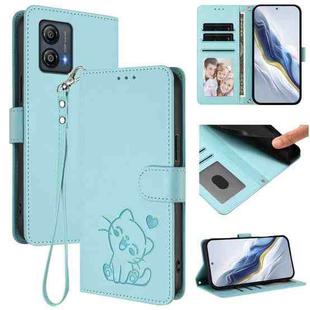 For Motorola Moto G53 5G / G13 4G Embossed Heart Cat Leather Phone Case with Strap(Mint Green)