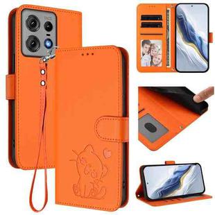 For Motorola Edge 50 Pro 5G Embossed Heart Cat Leather Phone Case with Strap(Orange)