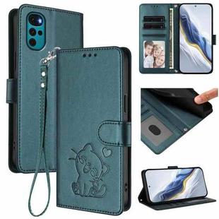 For Motorola Moto G22 4G / E32s Embossed Heart Cat Leather Phone Case with Strap(Dark Green)