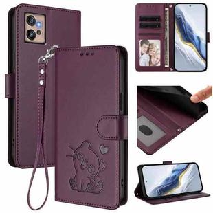For Motorola Moto G32 Embossed Heart Cat Leather Phone Case with Strap(Dark Purple)