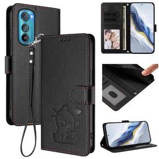 For Motorola Edge 30 Embossed Heart Cat Leather Phone Case with Strap(Black)