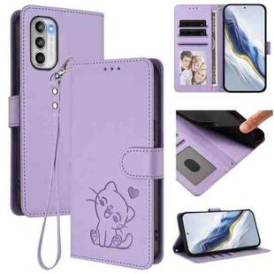 For Motorola Moto G 5G 2022 Embossed Heart Cat Leather Phone Case with Strap(Light Purple)