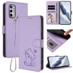 For Motorola Moto G Stylus 2022 4G Embossed Heart Cat Leather Phone Case with Strap(Light Purple)
