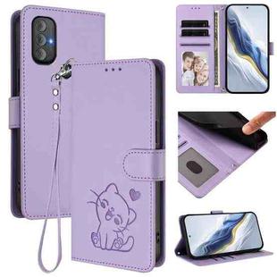 For Motorola Moto G Power 2022 Embossed Heart Cat Leather Phone Case with Strap(Light Purple)