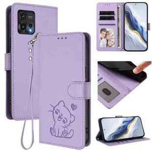 For Motorola Moto G72 Embossed Heart Cat Leather Phone Case with Strap(Light Purple)