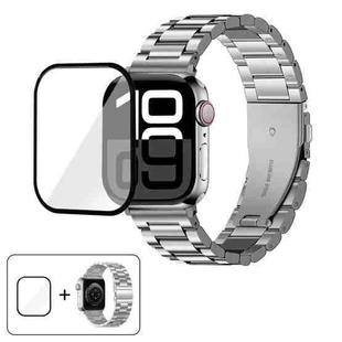 For Apple Watch Series 10 46mm Three Beads Stainless Steel Watch Band with 3D Curved Film(Silver)