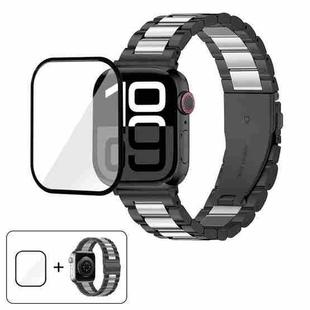 For Apple Watch Series 10 42mm Three Beads Stainless Steel Watch Band with 3D Curved Film(Black Silver)