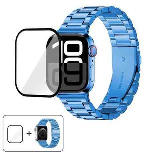 For Apple Watch Series 44mm Three Beads Stainless Steel Watch Band with 3D Curved Film(Blue)