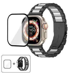 For Apple Watch Ultra 2 / 1 49mm Three Beads Stainless Steel Watch Band with 3D Curved Film(Black Silver)