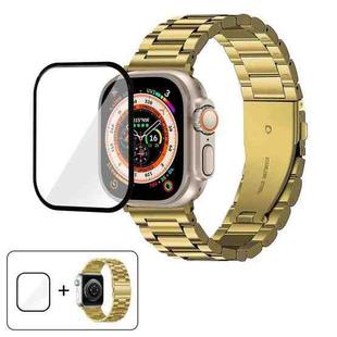 For Apple Watch Ultra 2 / 1 49mm Three Beads Stainless Steel Watch Band with 3D Curved Film(Gold)
