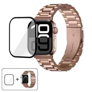 For Apple Watch Series 45mm Three Beads Stainless Steel Watch Band with 3D Curved Film(Vintage Gold)