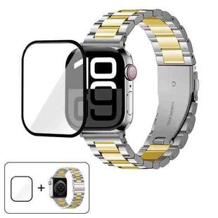 For Apple Watch Series 42mm Three Beads Stainless Steel Watch Band with 3D Curved Film(Silver Gold)