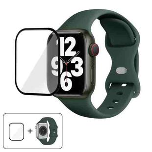 For Apple Watch Series 10 46mm Butterfly Buckle Silicone Watch Band with 3D Curved Film(Olive Green)