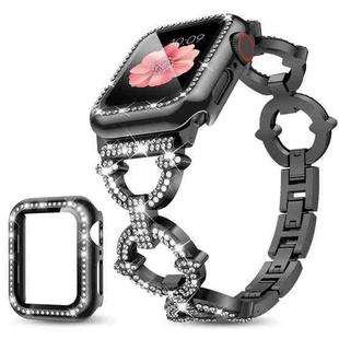 For Apple Watch Series 10 46mm xDfind O-shaped Diamond Metal Watch Band with Tempered Glass Screen Film and Case(Black)