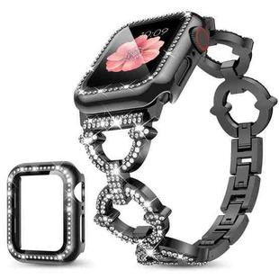 For Apple Watch Series 44mm xDfind O-shaped Diamond Metal Watch Band with Tempered Glass Screen Film and Case(Black)