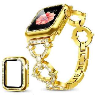 For Apple Watch Series 38mm xDfind O-shaped Diamond Metal Watch Band with Tempered Glass Screen Film and Case(Gold)