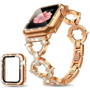 For Apple Watch Series 38mm xDfind O-shaped Diamond Metal Watch Band with Tempered Glass Screen Film and Case(Rose Gold)