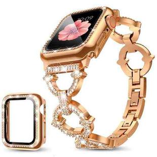 For Apple Watch Series 42mm xDfind O-shaped Diamond Metal Watch Band with Tempered Glass Screen Film and Case(Rose Gold)