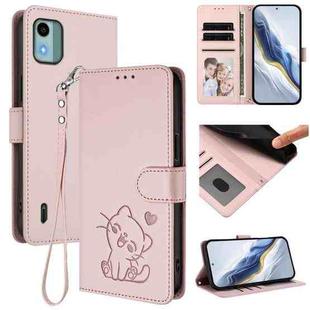 For Nokia C12 Embossed Heart Cat Leather Phone Case with Strap(Pink)