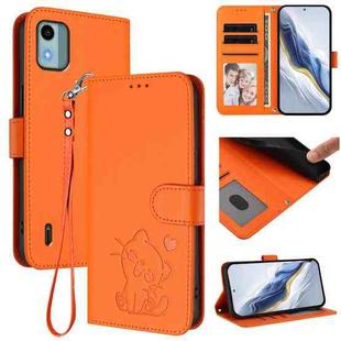 For Nokia C12 Embossed Heart Cat Leather Phone Case with Strap(Orange)