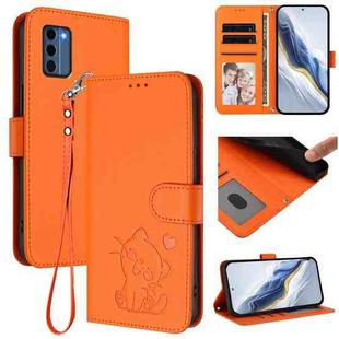For Nokia C300 Embossed Heart Cat Leather Phone Case with Strap(Orange)