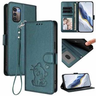 For Nokia G21 4G / G11 4G Embossed Heart Cat Leather Phone Case with Strap(Dark Green)