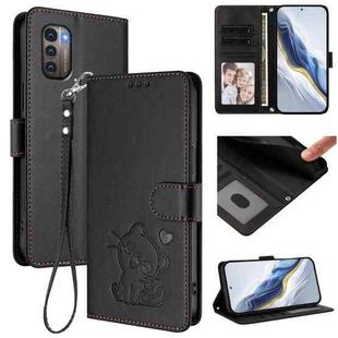 For Nokia G21 4G / G11 4G Embossed Heart Cat Leather Phone Case with Strap(Black)