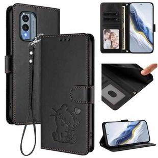 For Nokia X30 Embossed Heart Cat Leather Phone Case with Strap(Black)