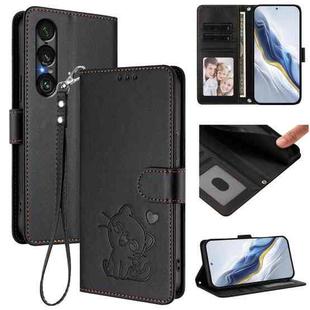 For Sony Xperia 1 VII Embossed Heart Cat Leather Phone Case with Strap(Black)