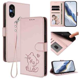 For Sony Xperia 5 V Embossed Heart Cat Leather Phone Case with Strap(Pink)