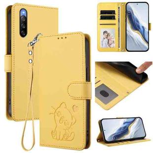 For Sony Xperia 10 V Embossed Heart Cat Leather Phone Case with Strap(Yellow)