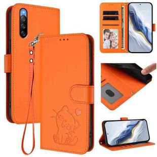For Sony Xperia 10 V Embossed Heart Cat Leather Phone Case with Strap(Orange)
