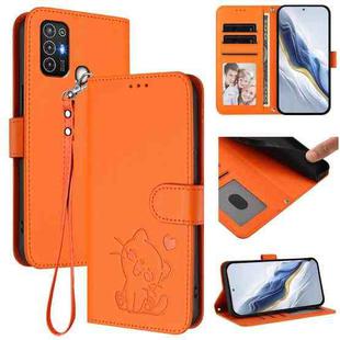 For ZTE Blade A52 Embossed Heart Cat Leather Phone Case with Hand Strap(Orange)