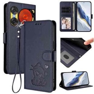 For ZTE nubia Music 2 Embossed Heart Cat Leather Phone Case with Hand Strap(Blue)