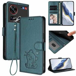 For ZTE nubia Z70 Ultra Embossed Heart Cat Leather Phone Case with Hand Strap(Dark Green)