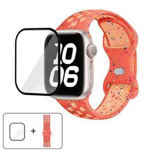 For Apple Watch Series 10 42mm Butterfly Buckle Color Dot Silicone Watch Band with 3D Curved Film(Orange Pink)
