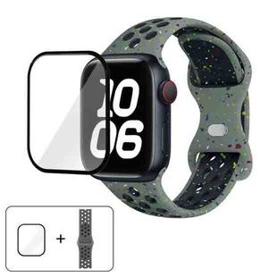 For Apple Watch Series 10 42mm Butterfly Buckle Color Dot Silicone Watch Band with 3D Curved Film(Army Green Khaki)