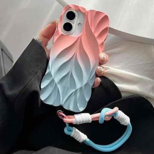 For iPhone 16 Plus Thickened 3D Leaf Pattern Two-Color Oil-Sprayed TPU Phone Case with Strap(Pink Blue)