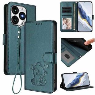 For Itel A70 Embossed Heart Cat Leather Phone Case with Hand Strap(Dark Green)